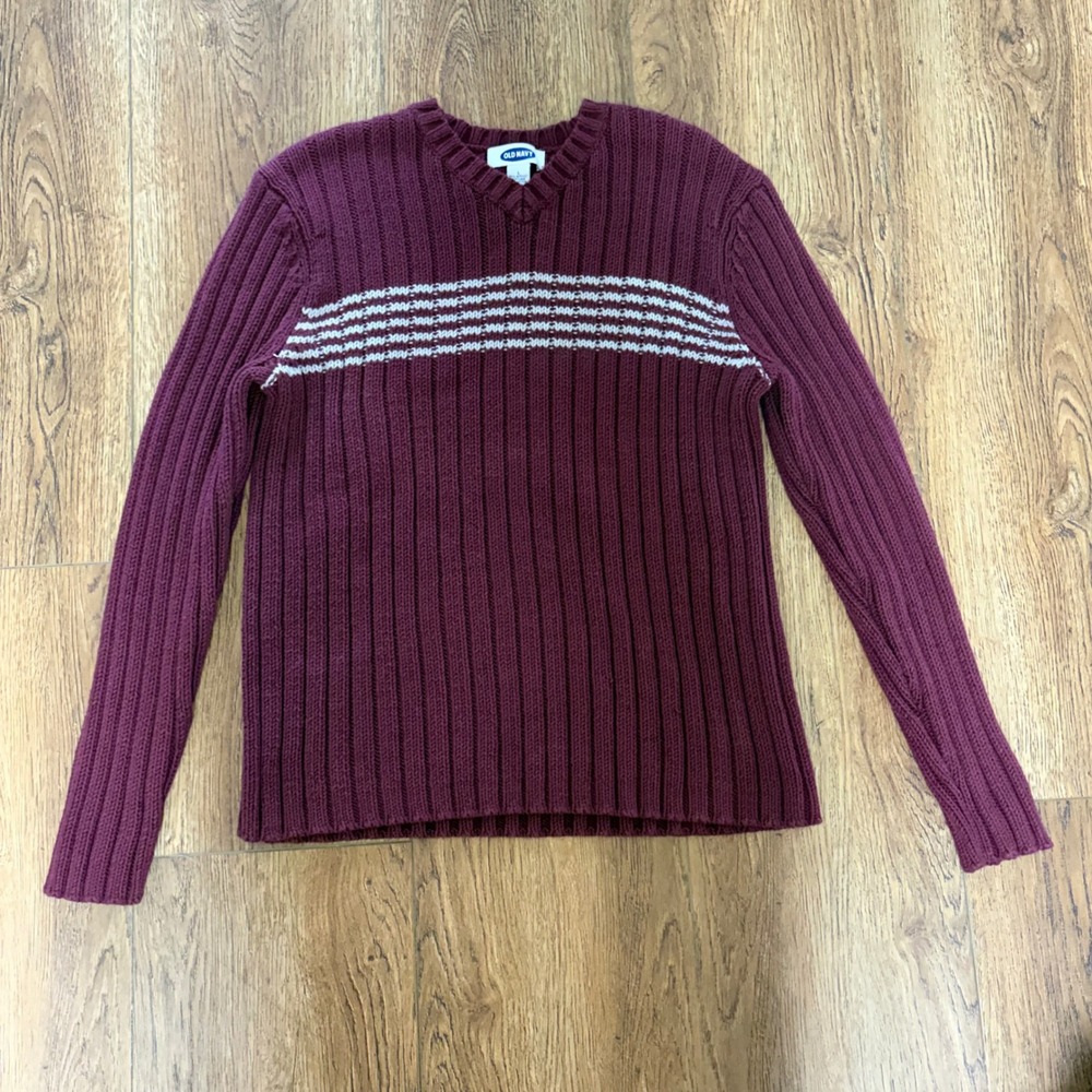 VTG Old Navy Knit Fishermen Sweater V-Neck Maroon Cottage Womens L Y2K academia